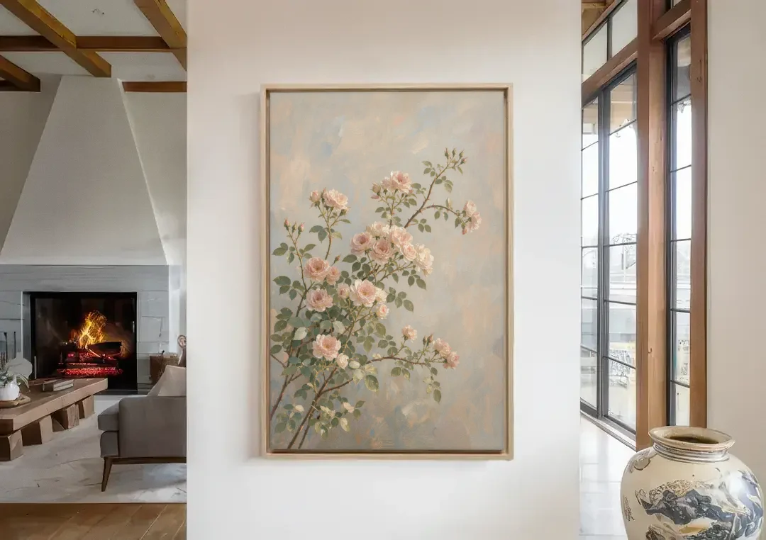 Pink Floral Canvas Art of Rambling Rose Canes canvas wall art in a living room with a fireplace