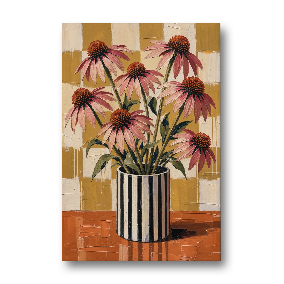 Pink Floral Wall Art of Striped Vase Coneflowers - Canvas Wall Art - Front