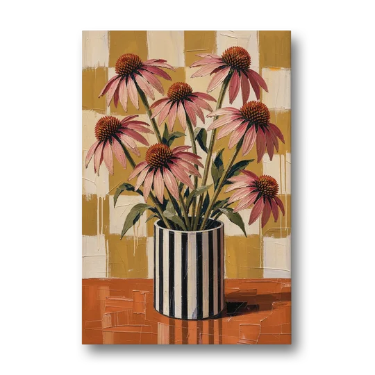 Pink Floral Wall Art of Striped Vase Coneflowers - Canvas Wall Art - Front