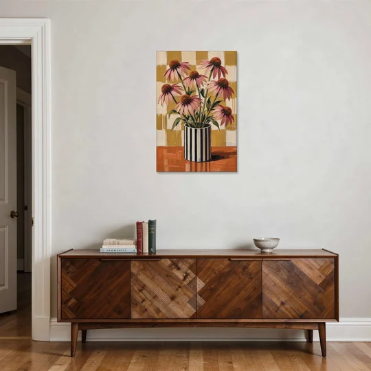 Pink Floral Wall Art of Striped Vase Coneflowers - Canvas Wall Art - Coffee Table - 24x36