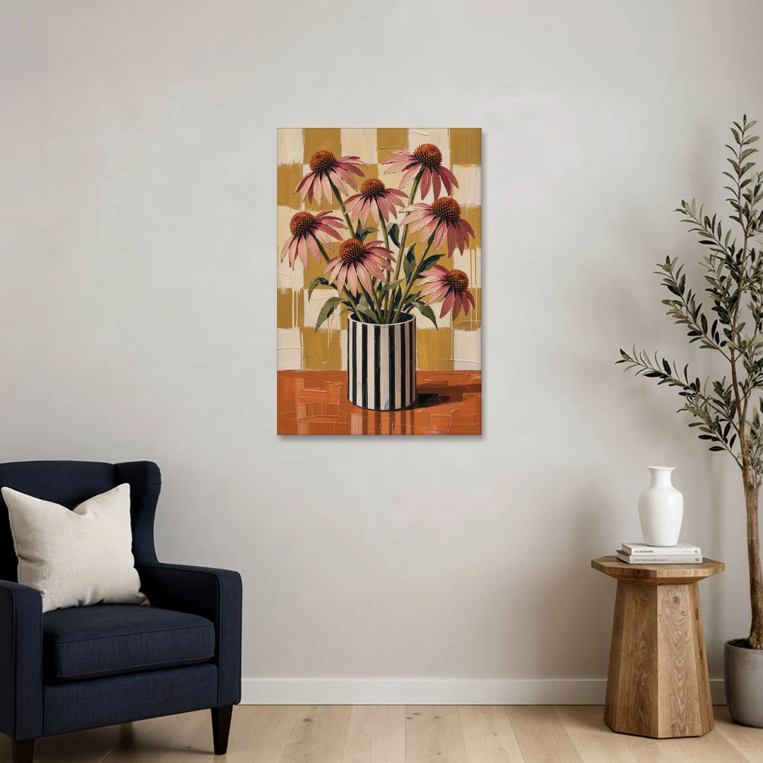 Pink Floral Wall Art of Striped Vase Coneflowers - Canvas Wall Art - Sofa - 24x36
