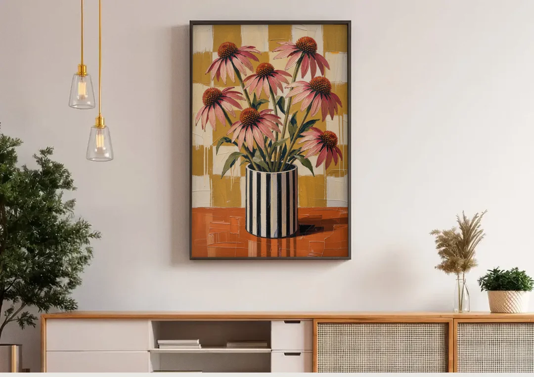 Pink Floral Wall Art of Striped Vase Coneflowers canvas wall art above a wooden sideboard under pendant lights