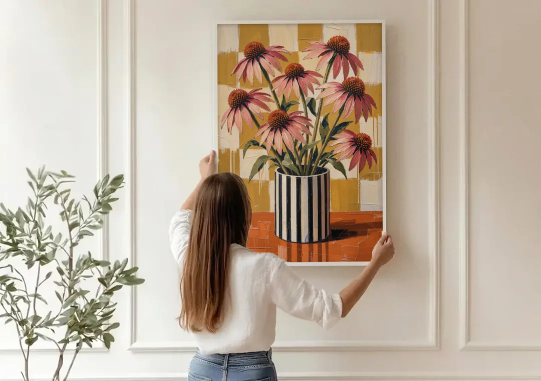 Pink Floral Wall Art of Striped Vase Coneflowers canvas wall art being hung on a paneled wall
