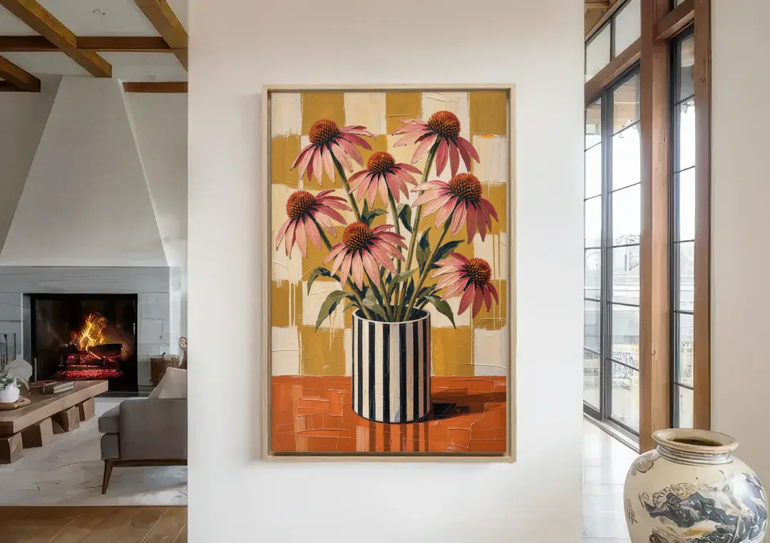Pink Floral Wall Art of Striped Vase Coneflowers canvas wall art in a living room with a fireplace