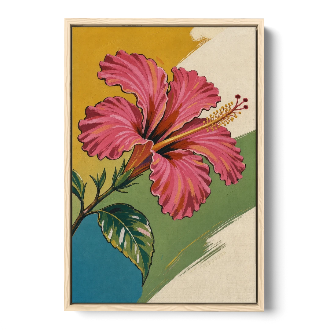 Pink Hibiscus with Long Reaching Stamen - Oak Framed Canvas Wall Art - Front