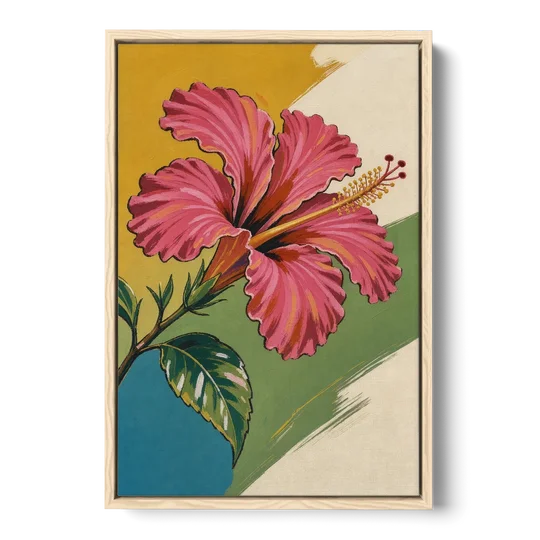 Pink Hibiscus with Long Reaching Stamen - Oak Framed Canvas Wall Art - Front