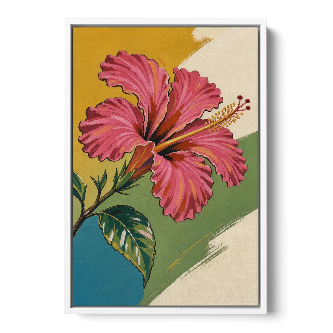 Pink Hibiscus with Long Reaching Stamen - White Framed Canvas Wall Art - Front