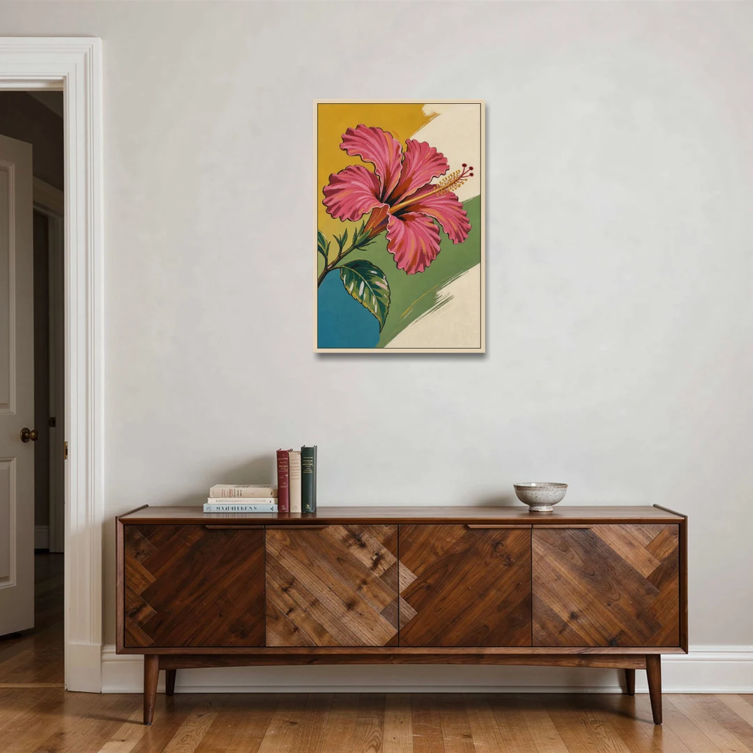 Pink Hibiscus with Long Reaching Stamen - Oak Framed Canvas Wall Art - Coffee Table - 24x36