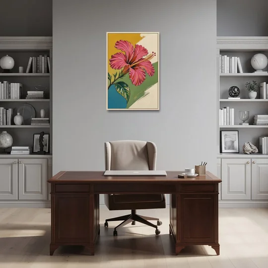 Pink Hibiscus with Long Reaching Stamen - Oak Framed Canvas Wall Art - Office - 24x36
