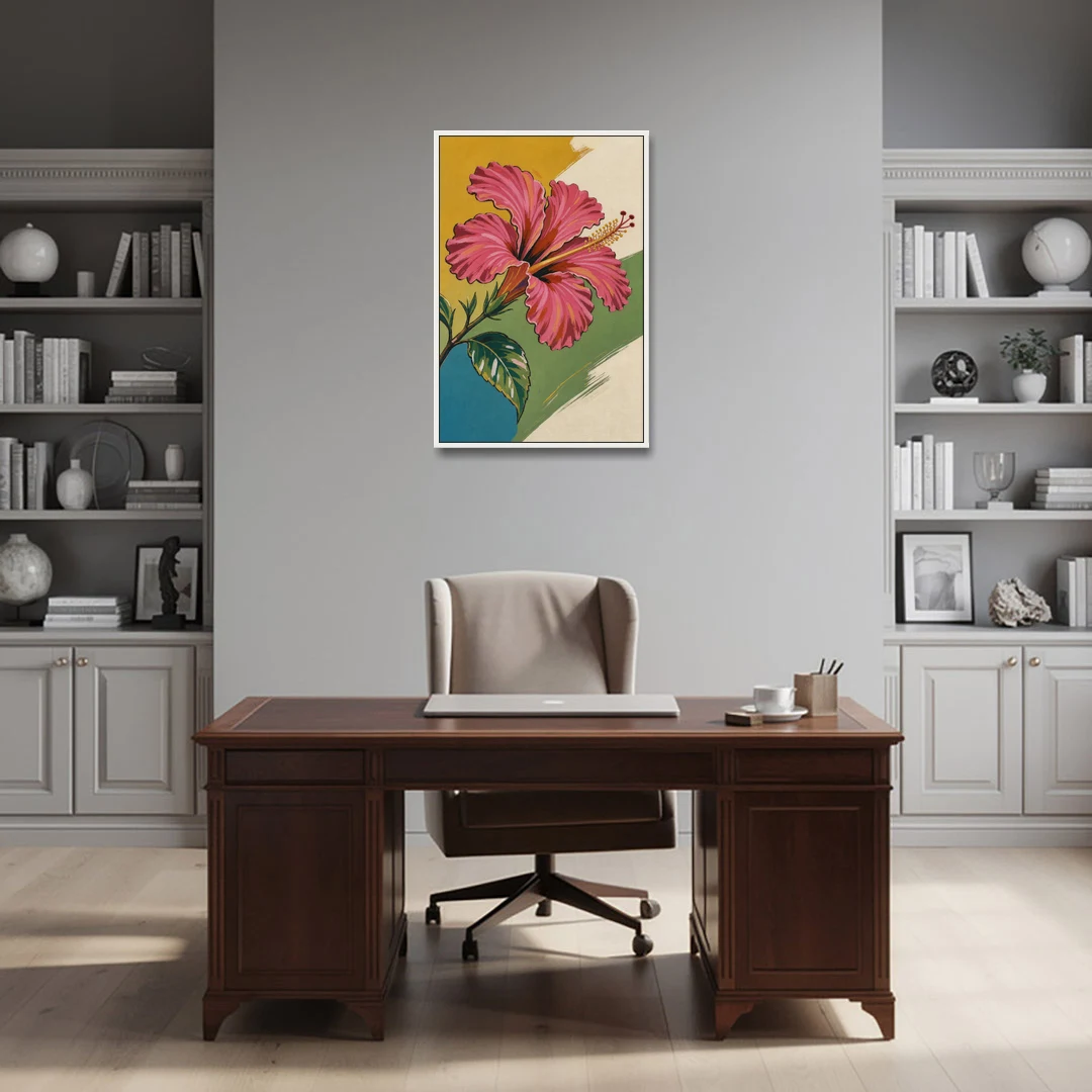 Pink Hibiscus with Long Reaching Stamen - White Framed Canvas Wall Art - Office - 24x36