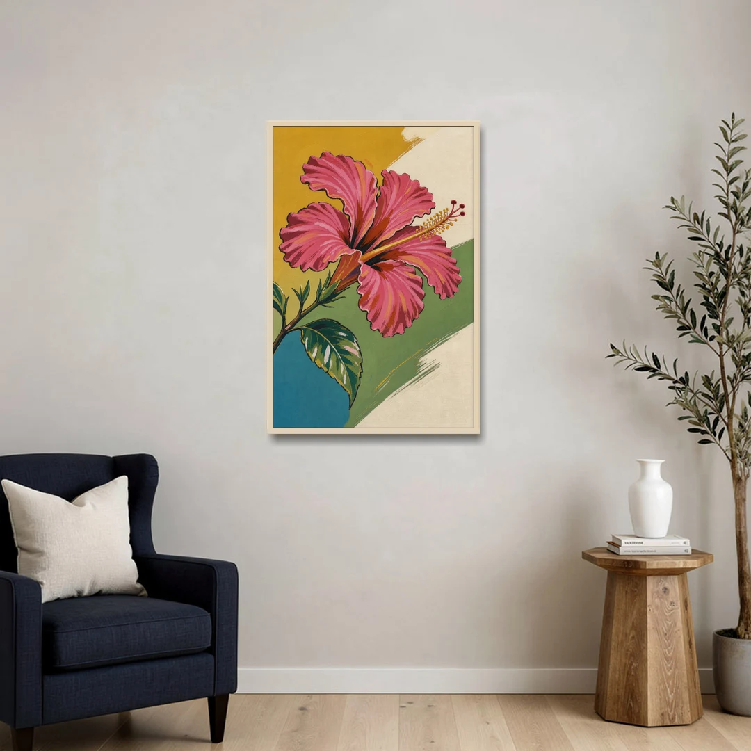 Pink Hibiscus with Long Reaching Stamen - Oak Framed Canvas Wall Art - Sofa - 24x36