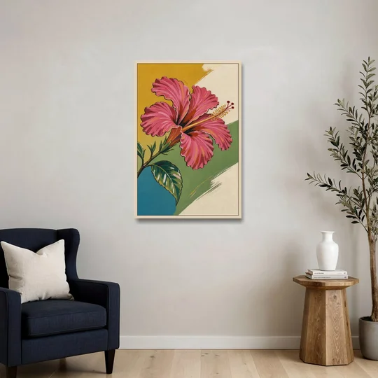 Pink Hibiscus with Long Reaching Stamen - Oak Framed Canvas Wall Art - Sofa - 24x36