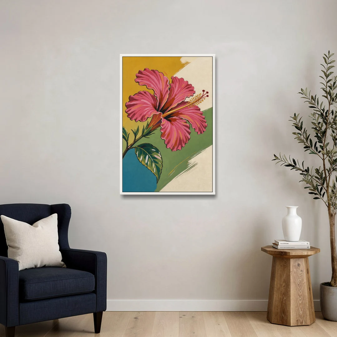 Pink Hibiscus with Long Reaching Stamen - White Framed Canvas Wall Art - Sofa - 24x36