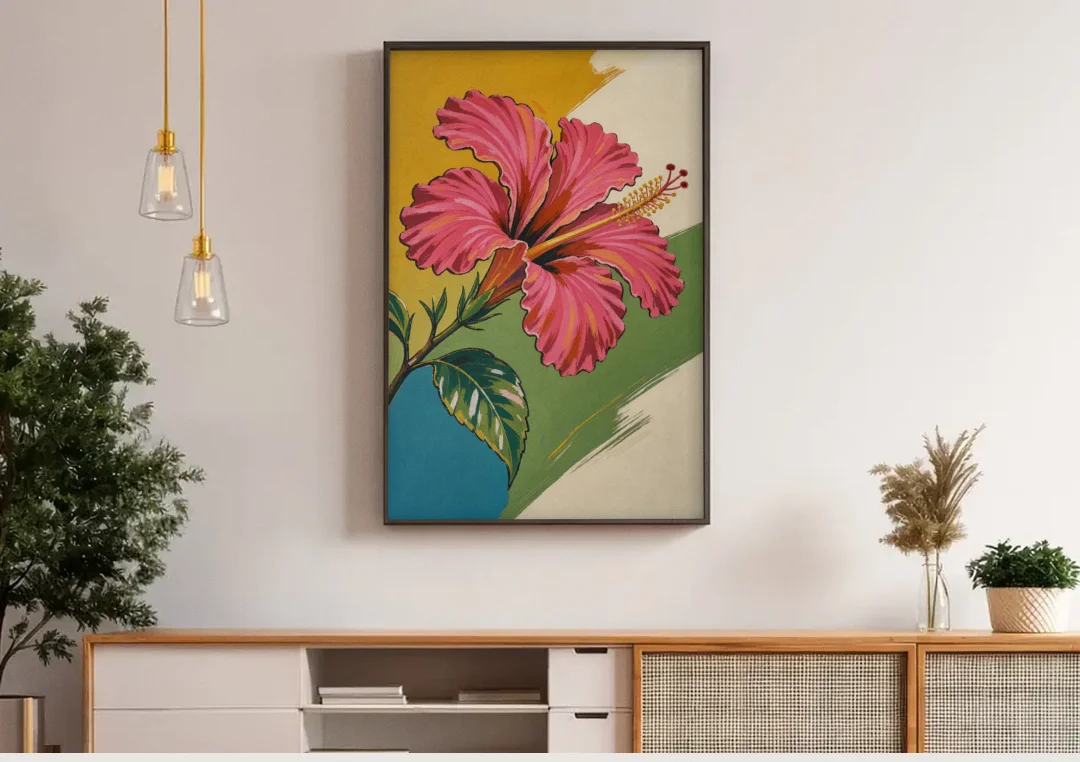 Pink Hibiscus with Long Reaching Stamen canvas wall art above a wooden sideboard under pendant lights