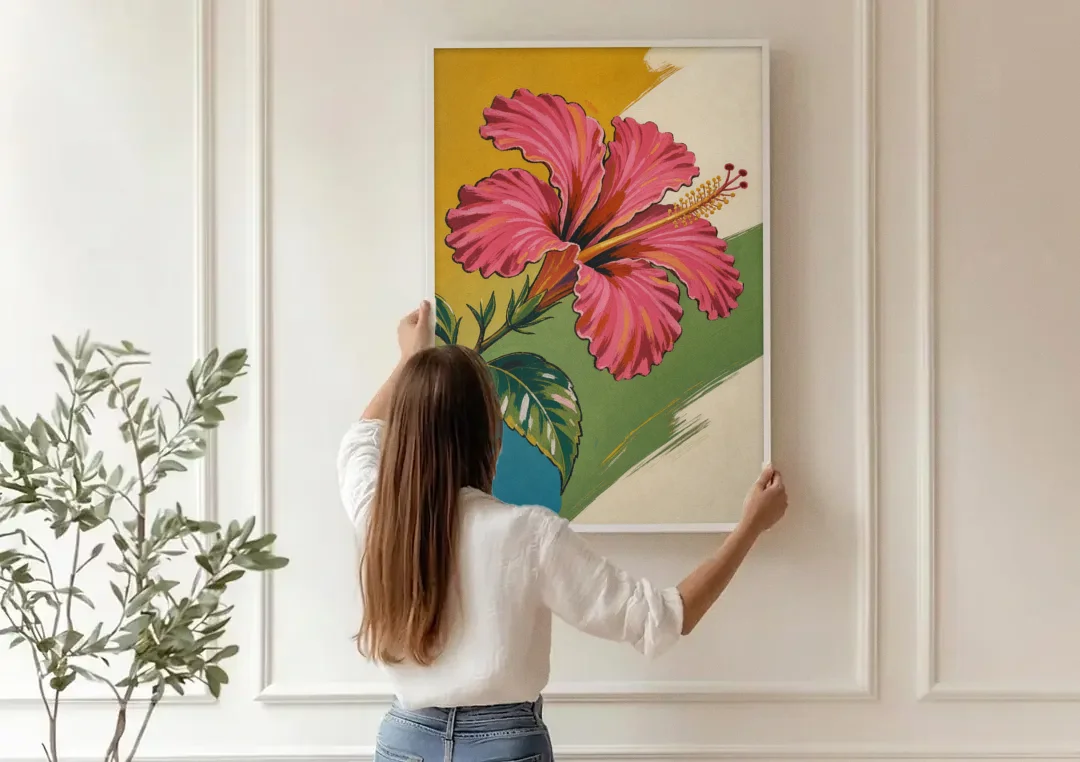 Pink Hibiscus with Long Reaching Stamen canvas wall art being hung on a paneled wall