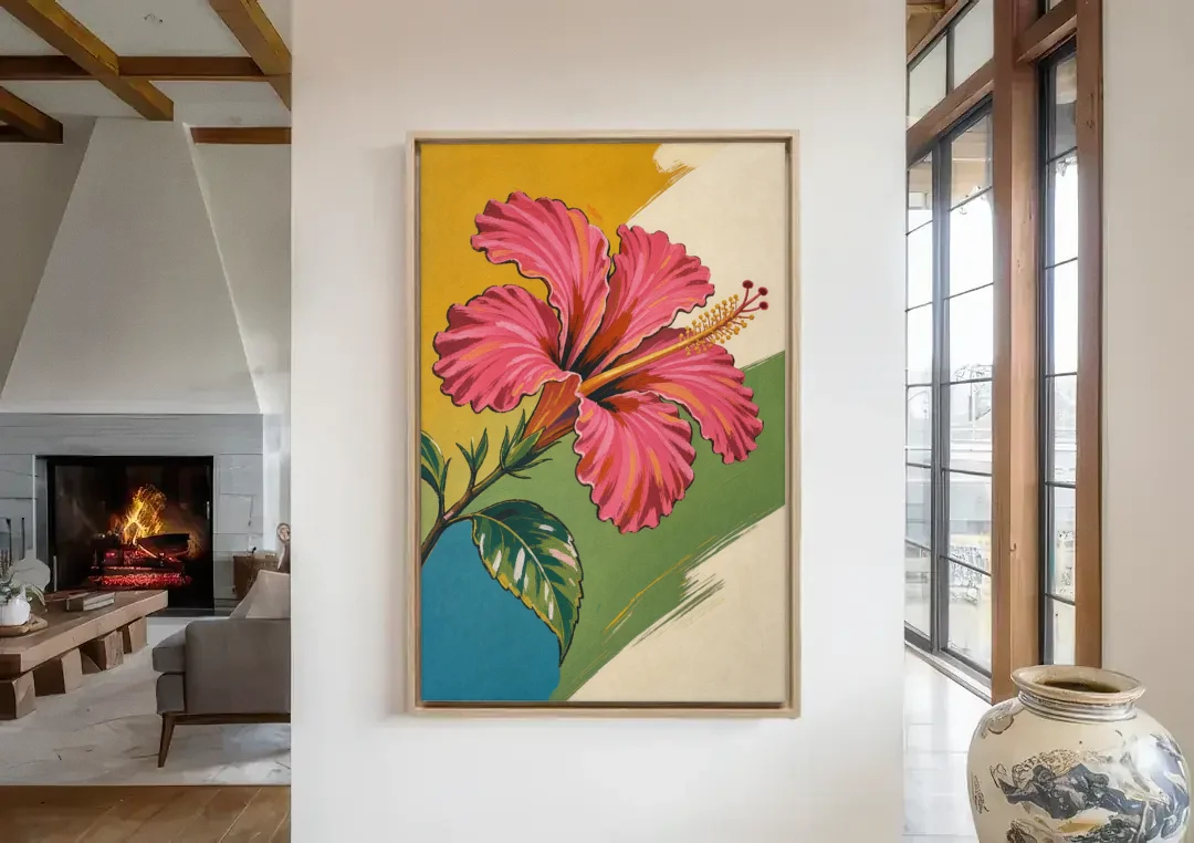 Pink Hibiscus with Long Reaching Stamen canvas wall art in a living room with a fireplace