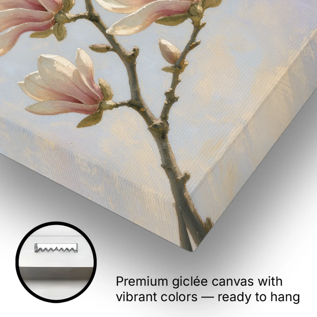 Pink Magnolia Flower Branch at Dawn - Canvas Wall Art - Gallery Wrap Corner