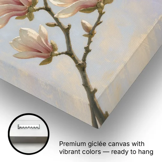 Pink Magnolia Flower Branch at Dawn - Canvas Wall Art - Gallery Wrap Corner
