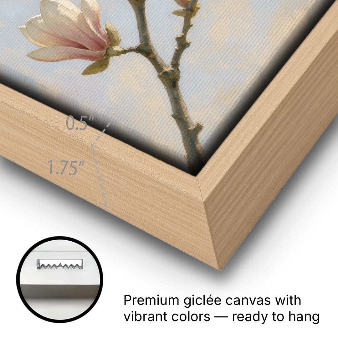 Pink Magnolia Flower Branch at Dawn - Oak Framed Canvas Wall Art - Gallery Wrap Corner