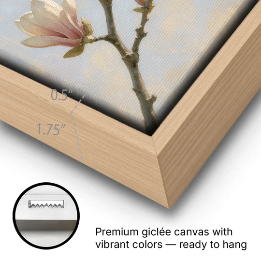 Pink Magnolia Flower Branch at Dawn - Oak Framed Canvas Wall Art - Gallery Wrap Corner