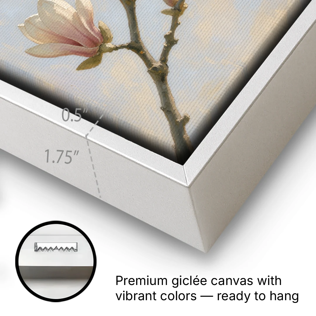 Pink Magnolia Flower Branch at Dawn - White Framed Canvas Wall Art - Gallery Wrap Corner