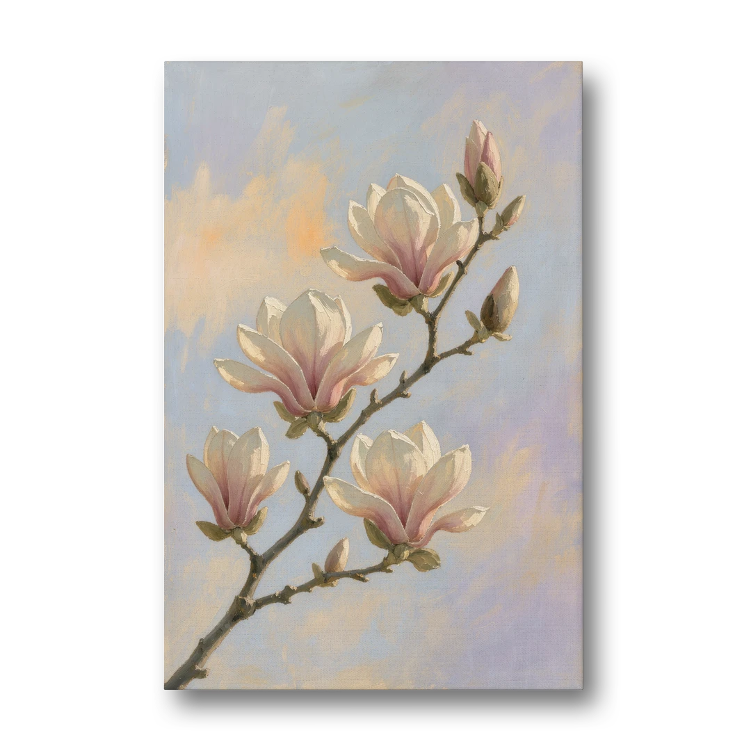 Pink Magnolia Flower Branch at Dawn - Canvas Wall Art - Front