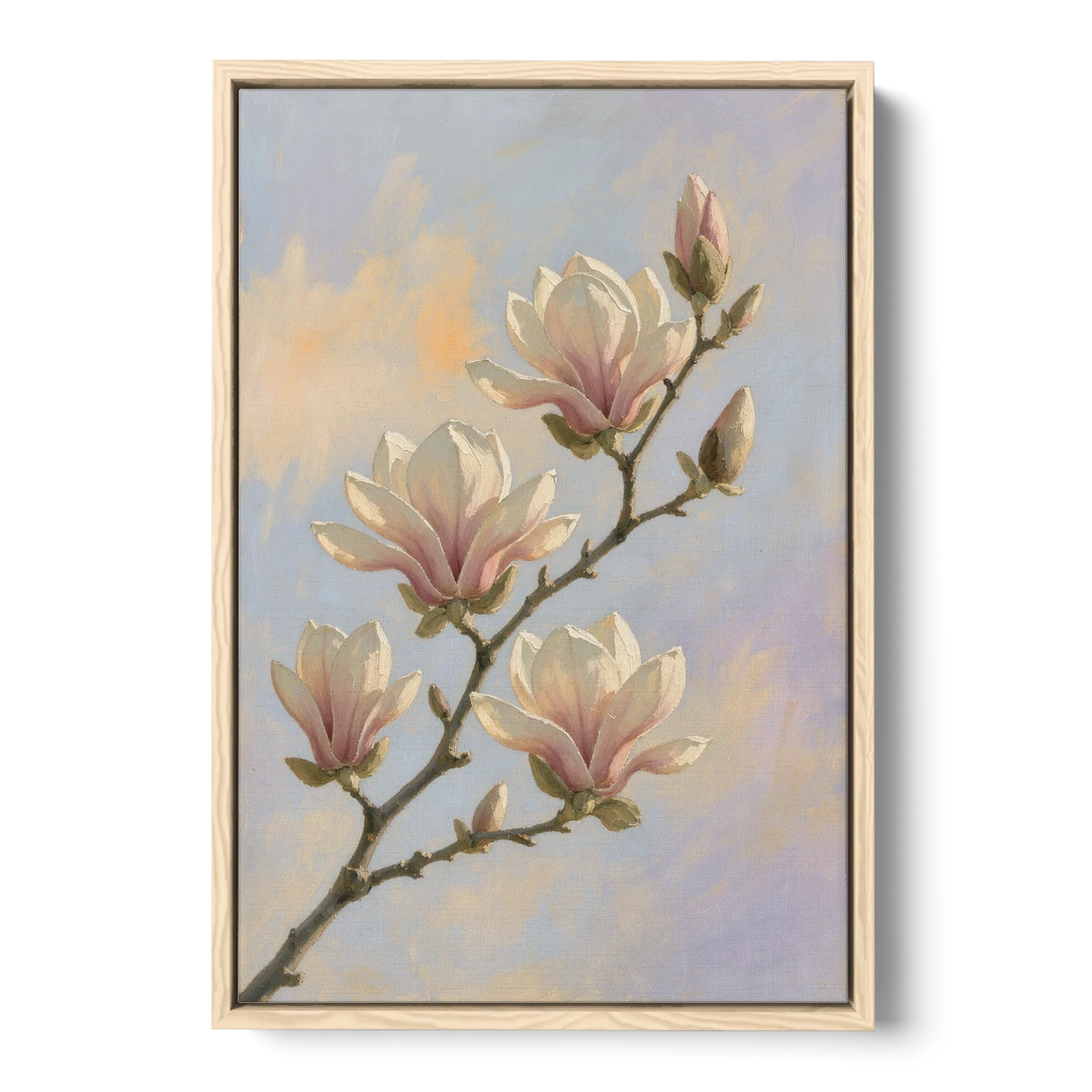 Pink Magnolia Flower Branch at Dawn - Oak Framed Canvas Wall Art - Front