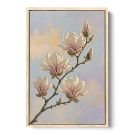 Pink Magnolia Flower Branch at Dawn - Oak Framed Canvas Wall Art - Front