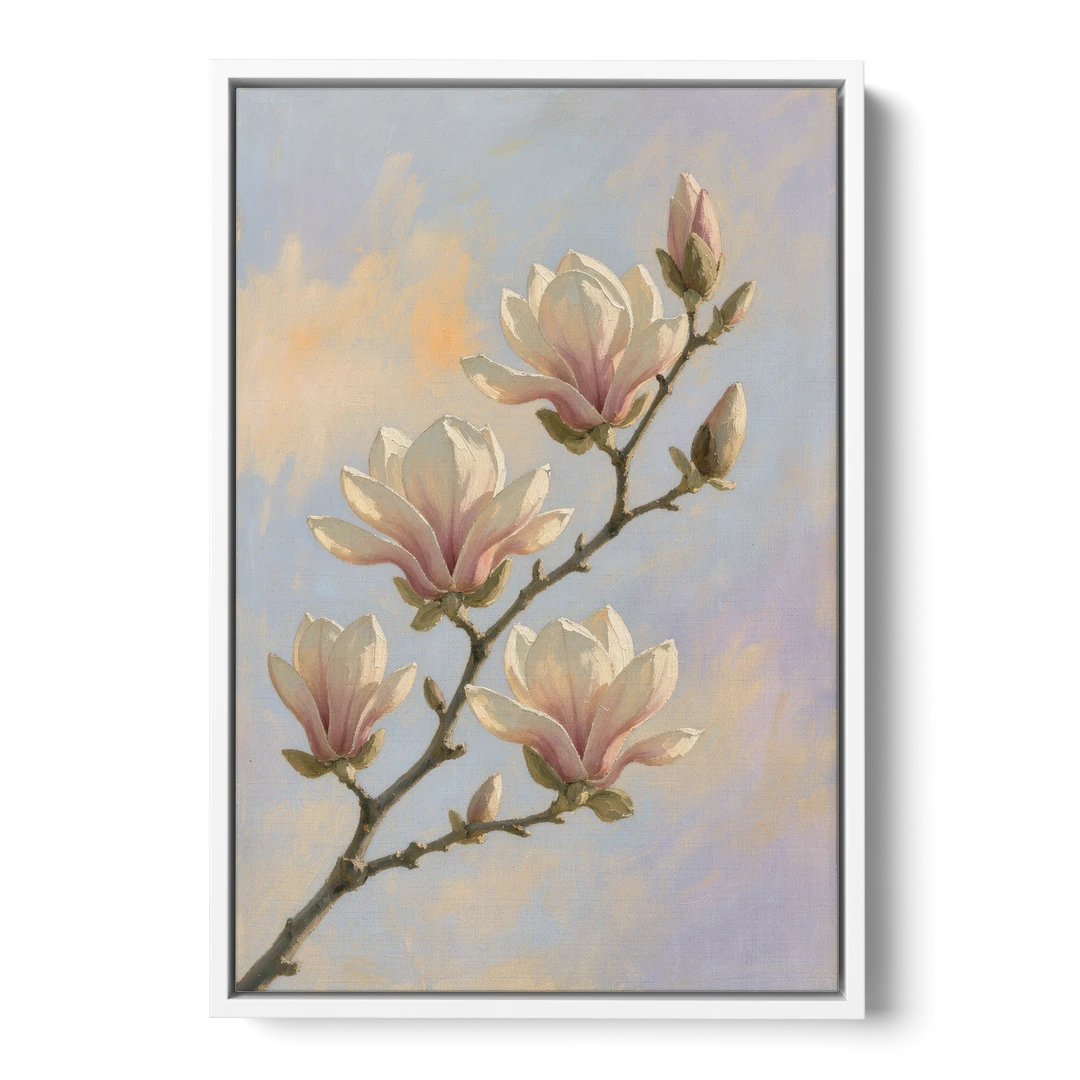 Pink Magnolia Flower Branch at Dawn - White Framed Canvas Wall Art - Front