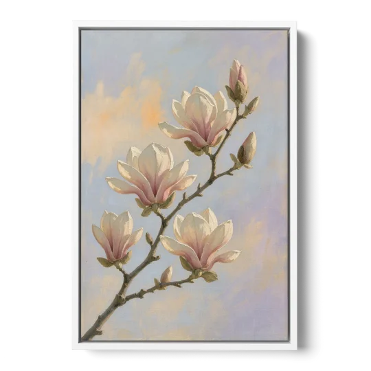 Pink Magnolia Flower Branch at Dawn - White Framed Canvas Wall Art - Front