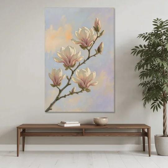 Pink Magnolia Flower Branch at Dawn - Canvas Wall Art - Coffee Table - 40x60
