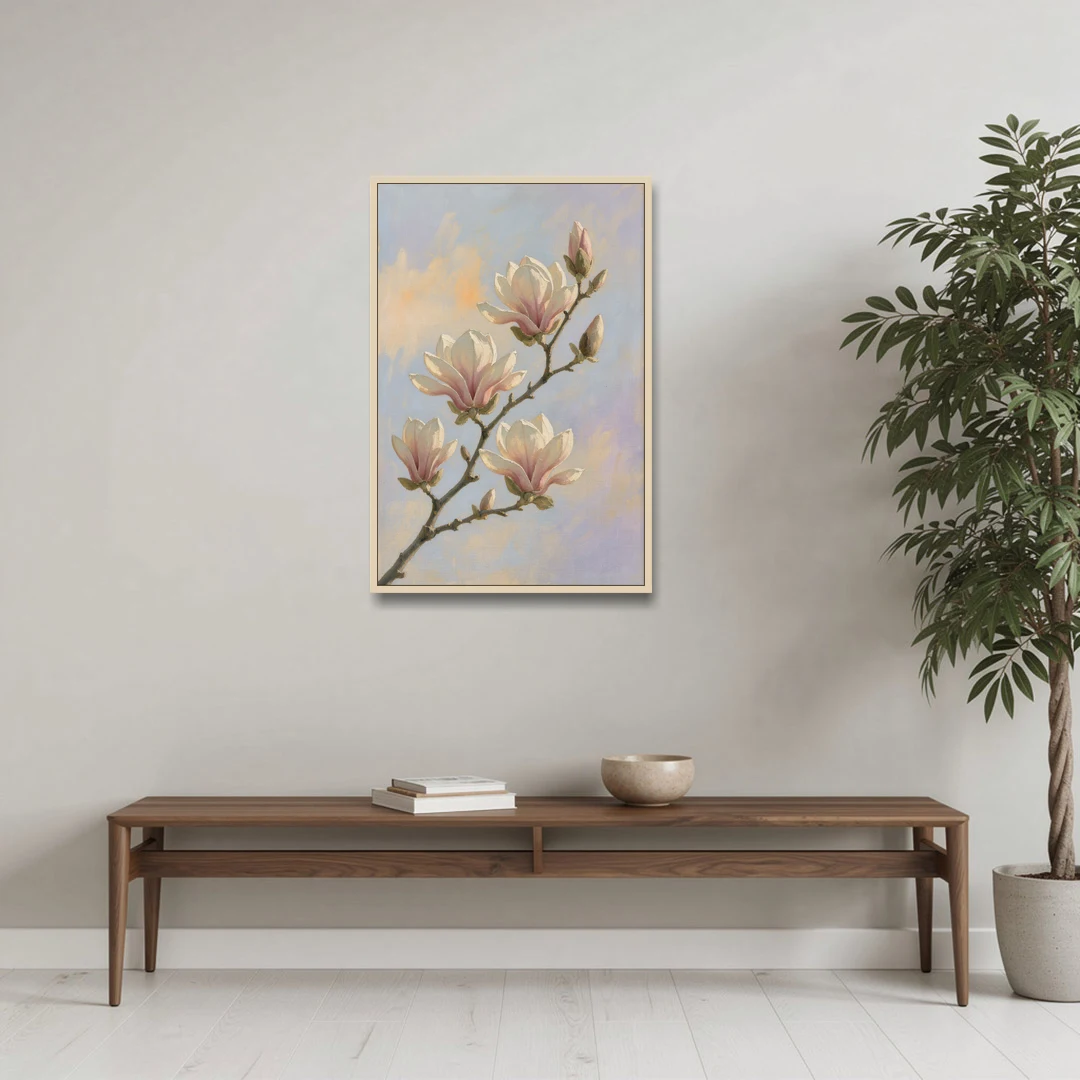 Pink Magnolia Flower Branch at Dawn - Oak Framed Canvas Wall Art - Coffee Table - 24x36