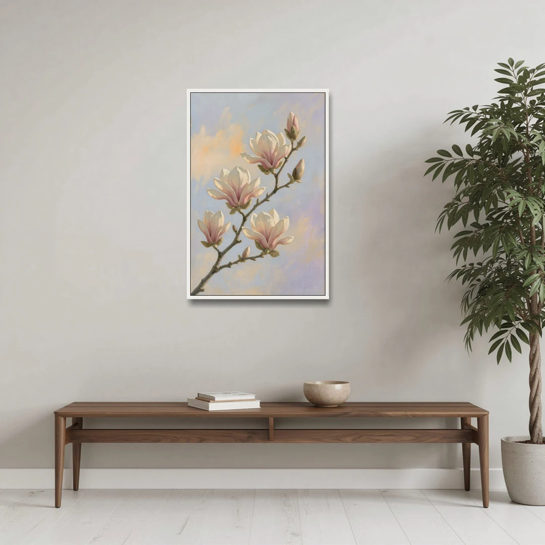 Pink Magnolia Flower Branch at Dawn - White Framed Canvas Wall Art - Coffee Table - 24x36