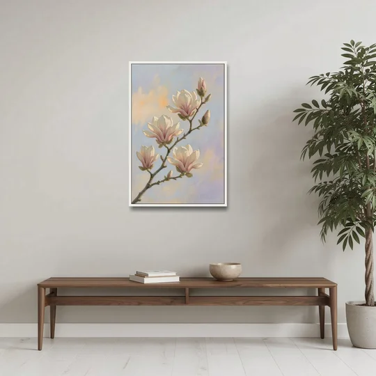 Pink Magnolia Flower Branch at Dawn - White Framed Canvas Wall Art - Coffee Table - 24x36