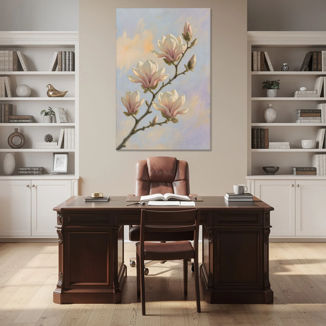 Pink Magnolia Flower Branch at Dawn - Canvas Wall Art - Office - 40x60
