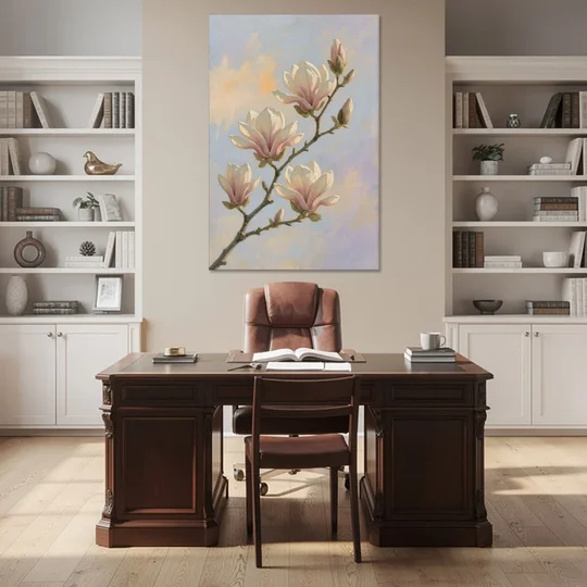 Pink Magnolia Flower Branch at Dawn - Canvas Wall Art - Office - 40x60