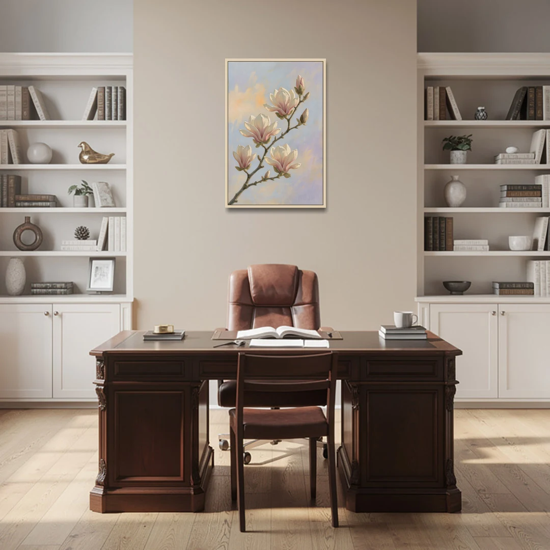 Pink Magnolia Flower Branch at Dawn - Oak Framed Canvas Wall Art - Office - 24x36