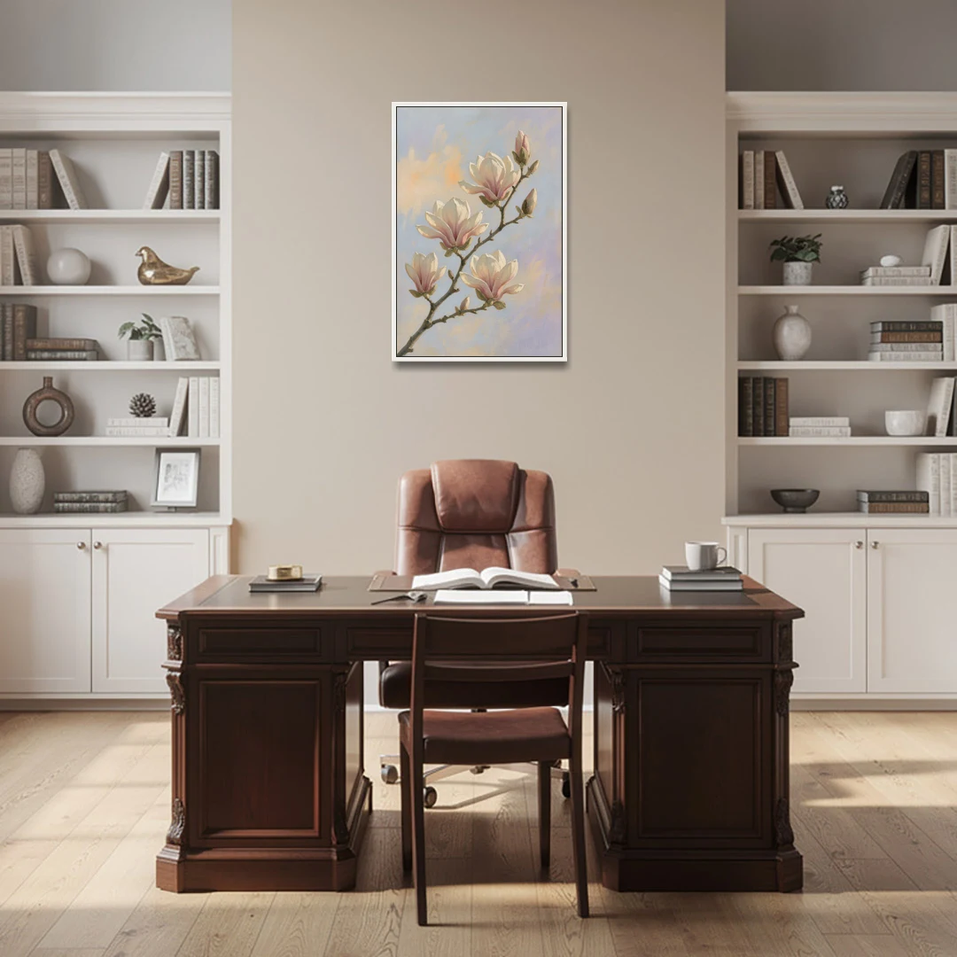 Pink Magnolia Flower Branch at Dawn - White Framed Canvas Wall Art - Office - 24x36