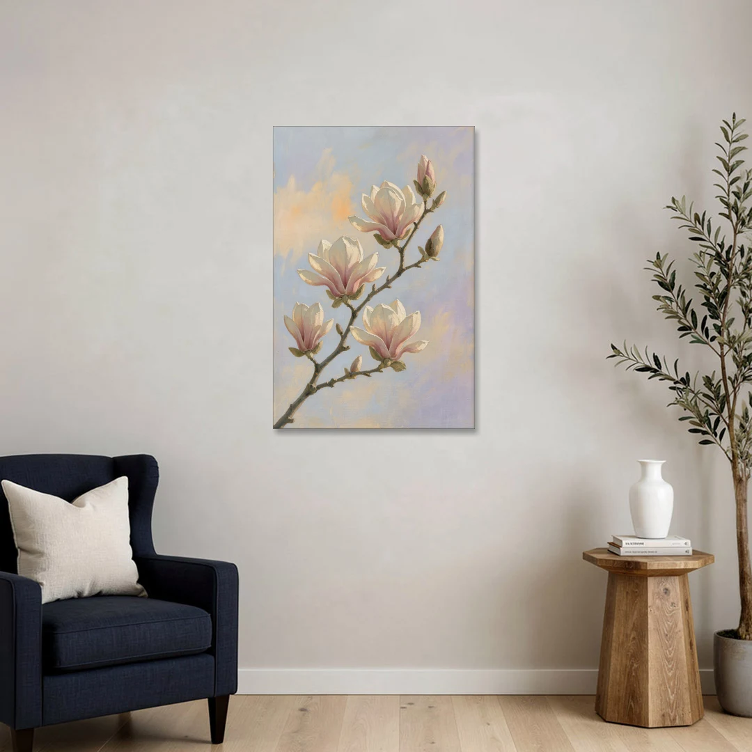 Pink Magnolia Flower Branch at Dawn - Canvas Wall Art - Sofa - 24x36