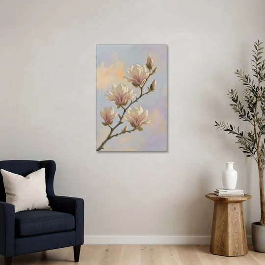 Pink Magnolia Flower Branch at Dawn - Canvas Wall Art - Sofa - 24x36