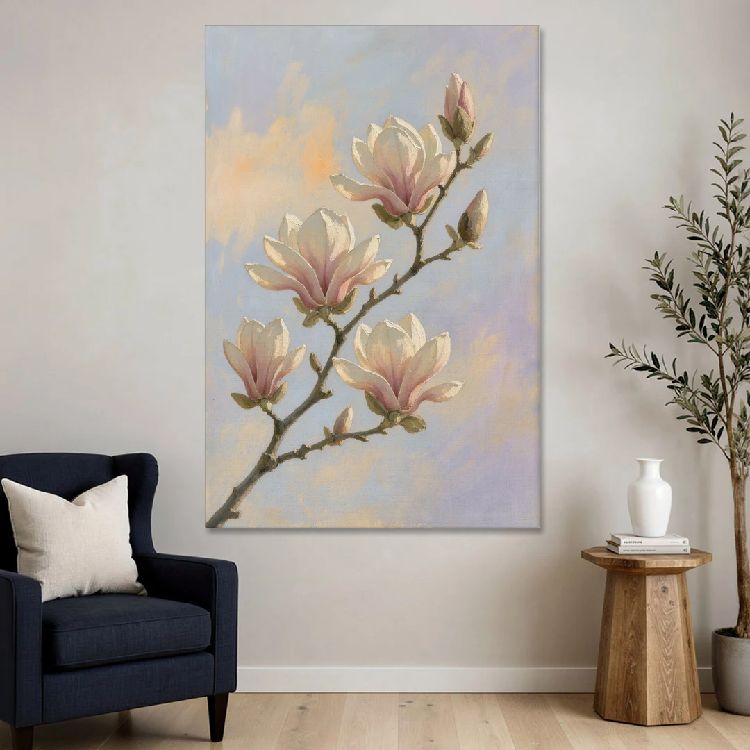 Pink Magnolia Flower Branch at Dawn - Canvas Wall Art - Sofa - 40x60