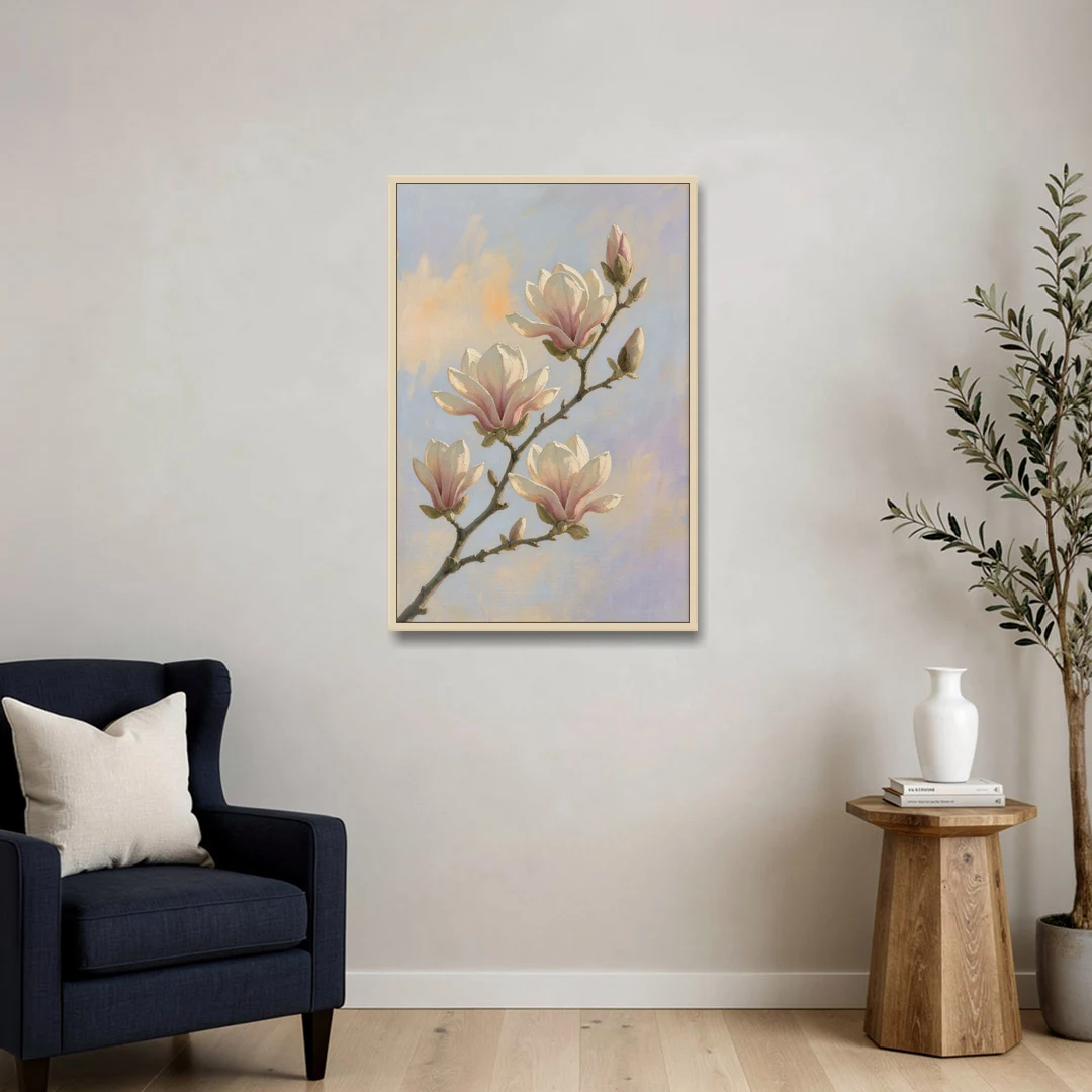 Pink Magnolia Flower Branch at Dawn - Oak Framed Canvas Wall Art - Sofa - 24x36