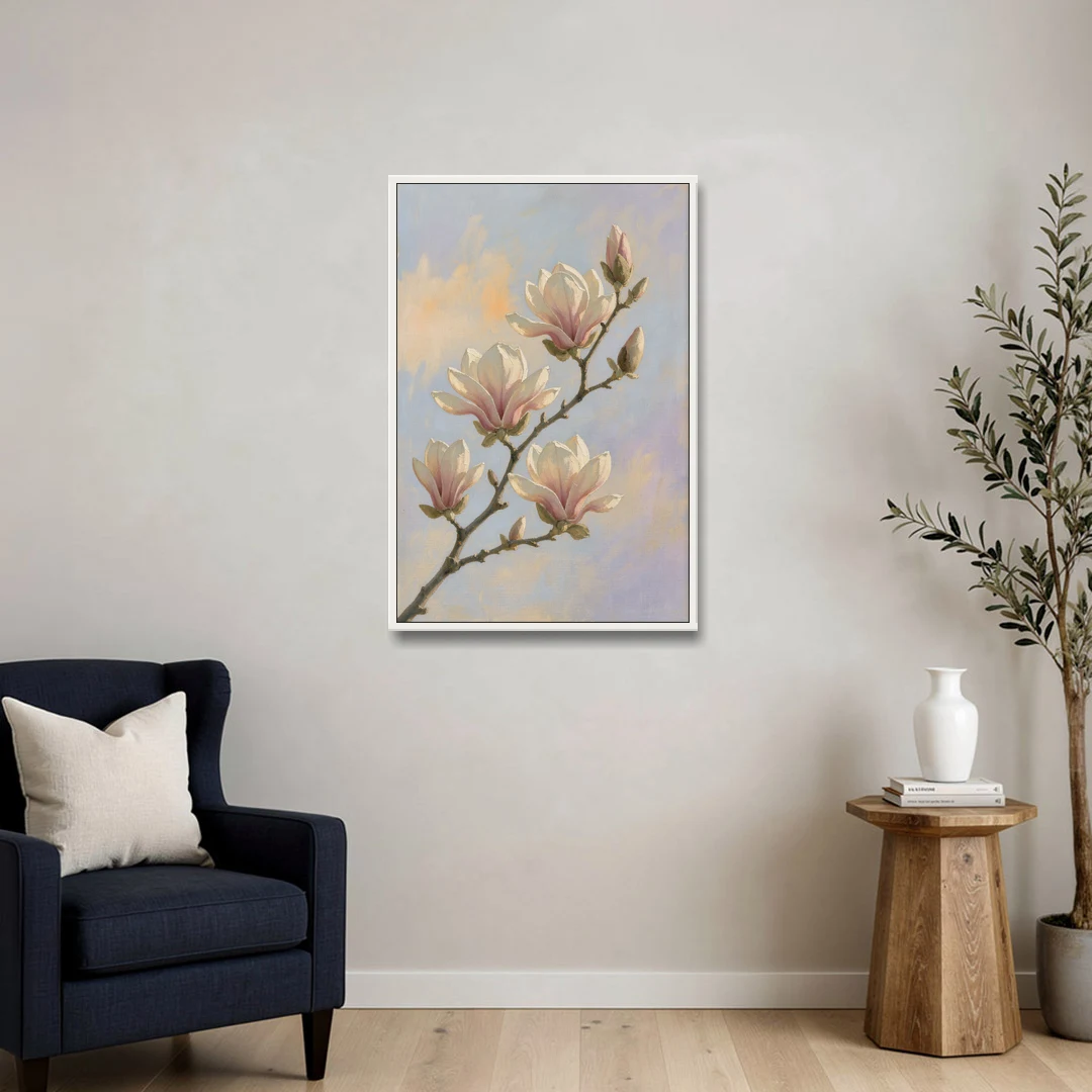 Pink Magnolia Flower Branch at Dawn - White Framed Canvas Wall Art - Sofa - 24x36