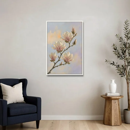 Pink Magnolia Flower Branch at Dawn - White Framed Canvas Wall Art - Sofa - 24x36