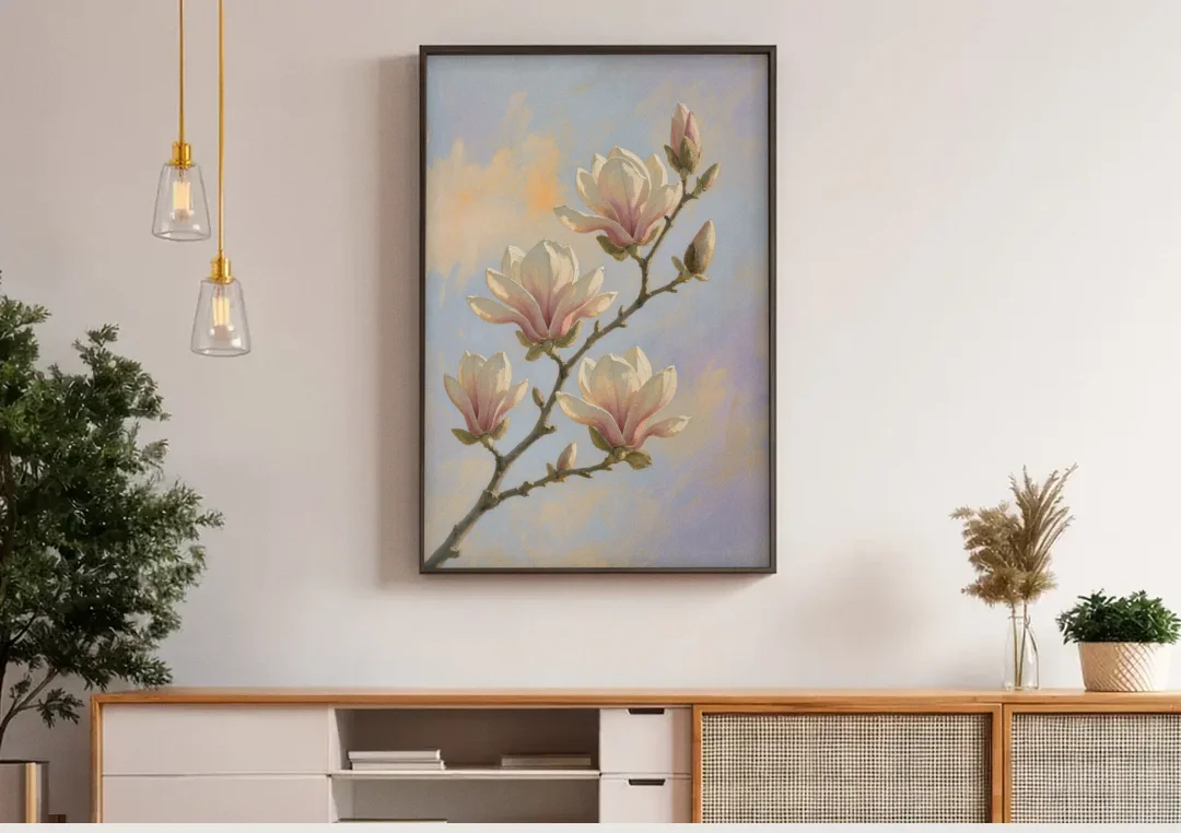 Pink Magnolia Flower Branch at Dawn canvas wall art above a wooden sideboard under pendant lights