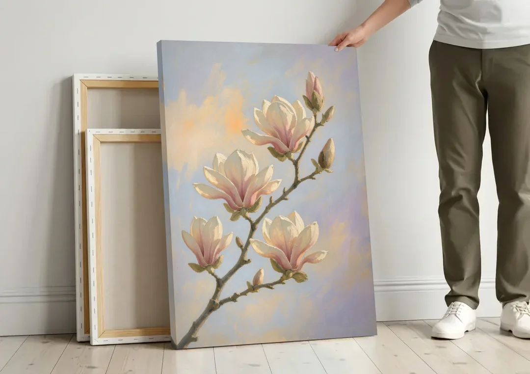 Pink Magnolia Flower Branch at Dawn canvas wall art leaning against a wall next to blank canvases