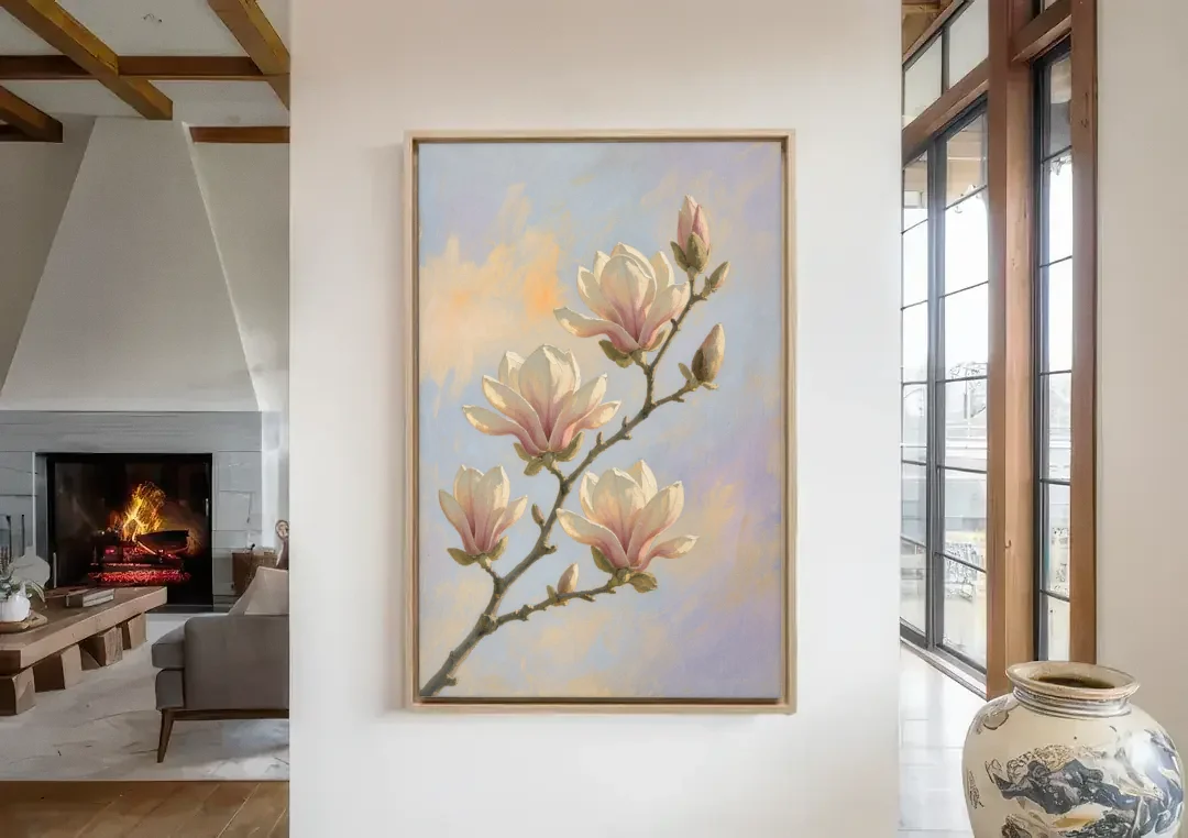 Pink Magnolia Flower Branch at Dawn canvas wall art in a living room with a fireplace