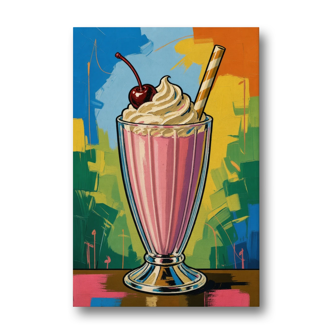 Pink Milkshake with a Cherry and Striped Straw - Canvas Wall Art - Front