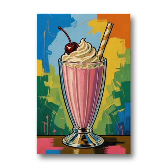 Pink Milkshake with a Cherry and Striped Straw - Canvas Wall Art - Front