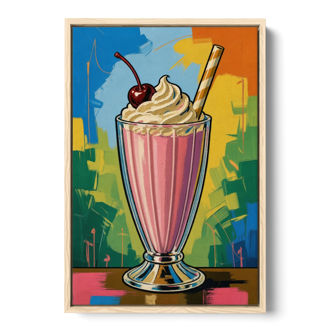Pink Milkshake with a Cherry and Striped Straw - Oak Framed Canvas Wall Art - Front